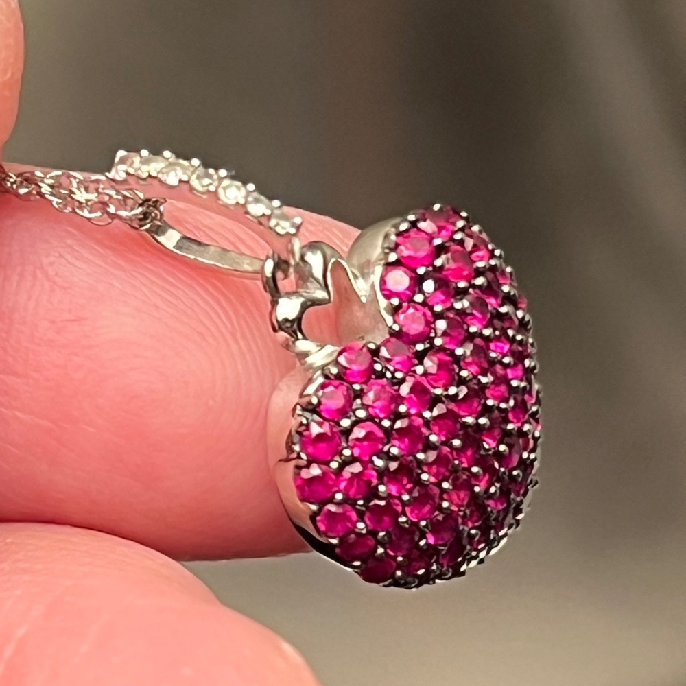 Solid 10K White Gold + Genuine Rubies & Diamonds 3D Heart pendant - Picture 3 of 10